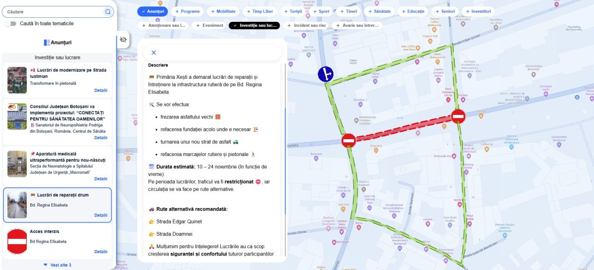 Exemplu de anunt de lucrari stradale, comunicat prin GeoPuls.
